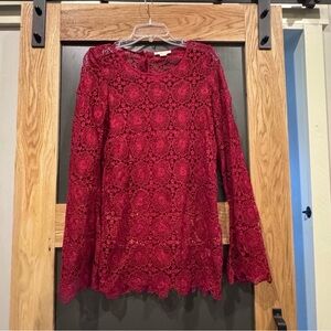 Double Zero Crochet Lace Long Sleeve Top Burgundy Size M